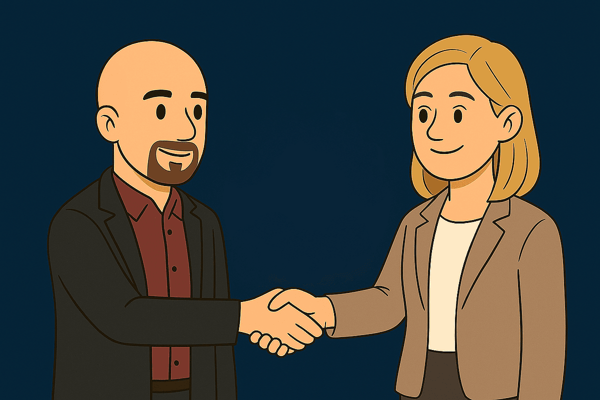 coaching-echange-professionnel-lyon.jpg illustration d’un consultant et d’une cliente professionnelle se serrant la main lors d’un échange.