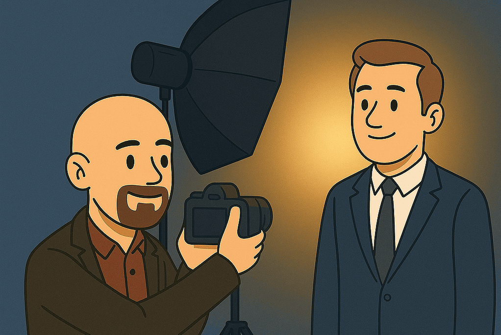 illustration d’un photographe réalisant un portrait professionnel en studio pour un client en costume.