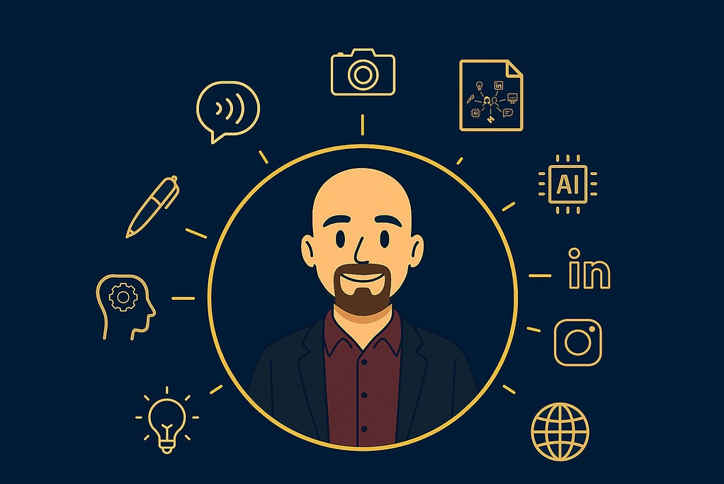 portrait illustré du consultant présentant son rôle dans l’accompagnement en image et communication.